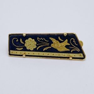 Vintage Damascene Black Gold Tone Bird Flower Tie Bar